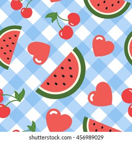 Watermelon with Cherry and Hearth Seamless Pattern Vector