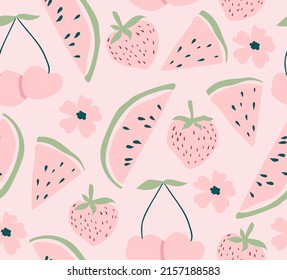 Watermelon, cherry and strawberry pink seamless pattern. Fruit and flower vector background. Perfect for creating fabrics, textiles, wrapping paper, packaging.