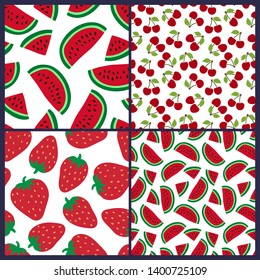 Watermelon, cherry and strawberry seamless pattern. Berries fashion design. Food print for dress, 
linens, kitchen tablecloth, curtain or dishcloth. Hand drawn doodle wallpaper. Vector sketch