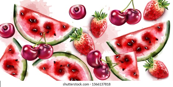 Watermelon and cherry Vector watercolor texture. Fruits pattern background