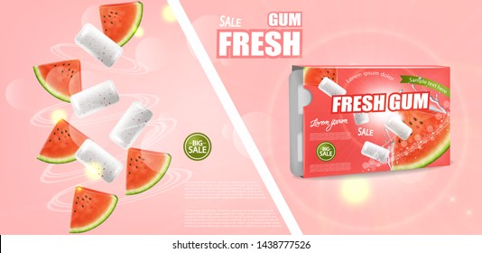 Watermelon chewing gum Vector realistic. Advertise template mock up. Product placement detailed label design. Fresh juicy watermelon flavor. 3d illustration