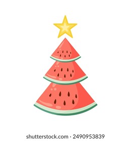 Watermelon Christmas tree for Christmas in July designs. Flat vector illustration template for summer holiday sales, typography poster, banner, sticker, shirt design,  packaging