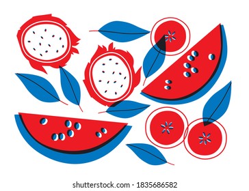 Watermelon, citrus, orange, pitahaya. Funny colored typography poster, apparel print design, bar menu decoration. Vector abstract illustration. Fruits still life. EPS 10. Isolated. Love fruit.