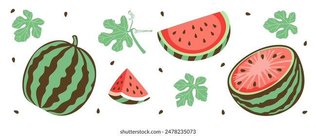 Watermelon clip art. Whole berry, slice, half, seeds and leaves isolated on white. Colored icon set in simple flat design. Vector illustration.