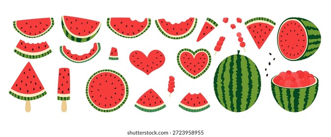 Conjunto de clipart de melancia — ilustrações vetoriais planas, fatias, cunhas e picolés, cubos e bolas, variações de espeto, sementes e elementos de casca. Para embalagens de verão, menus de alimentos, convites para festas, designs digitais, produtos para crianças.