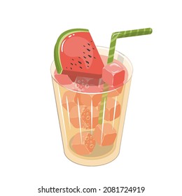 watermelon cocktail with ice and a straw, summer mood, red watermelon, a piece of watermelon