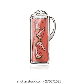 Watermelon cocktail in jug, sketch for your design. Vector illustration
