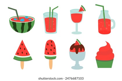 Watermelon cocktail, juice and ice cream Vector set. Flat collection illustration.
