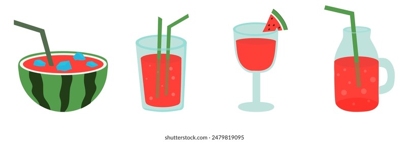 Watermelon cocktail, juice. Vector set. Flat collection illustration.