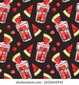 Watermelon Cocktail Seamless Pattern with Ice Cubes and Fruit Pieces in Flat Design for Summer Graphics Beverage Branding Backgrounds and Food Themed Projects
