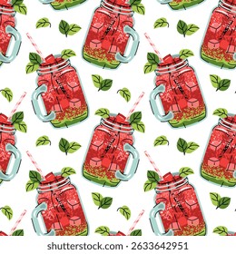 Watermelon Cocktail Seamless Pattern in Jar Glass with Ice Cubes and Mint Leaves in Flat Design. Perfect for Summer Graphics Beverage Branding Social Media and Drink Themed Projects