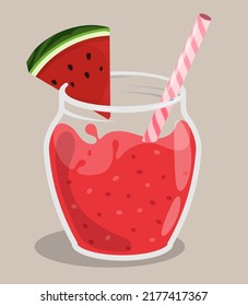 Watermelon cocktail splashing in glass with striped straw. Refreshing fruit juice in hot summer. Cartoon vector isolated on pink background
