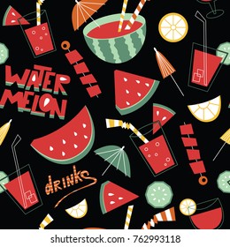 Watermelon cocktails seamless pattern. Background with fruits, drinks and lettering. Summer lemonade vector wallpaper. Healthy lifestyle illustration. 