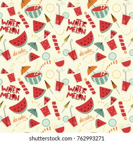 Watermelon cocktails seamless pattern. Background with fruits, drinks and lettering. Summer  lemonade vector wallpaper. Healthy lifestyle illustration. 