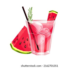 Watermelon cocktail.Summer alcoholic refreshing drink with a slice of watermelon, ice and rosemary.