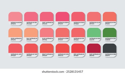 Watermelon Color Palette, Watermelon Color Guide Palette with Color Names. Catalog Samples of Red with RGB HEX codes. paint, natural Watermelon variations, and a Fashion Trend Watermelon color tone