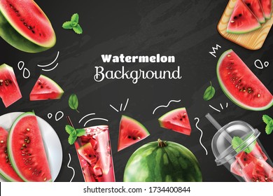 Watermelon colored background with realistic images of chopped fresh berries and glasses with fruit smoothie on chalkboard vector illustration