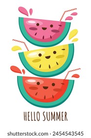 watermelon with Colorful wallpaper vector background. Ripe watermelon. Decorative illustration design, good for printing. Overlapping background design, lettering, Hello summer.