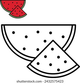 Watermelon Coloring Book Pages Vector . Two images - one with colors, one with a outline