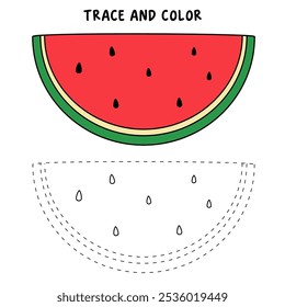 Watermelon coloring pages for kids. Trace and color watermelon. Watermelon fruit flashcard for kids. Watermelon isolated on white background. Kindergarten and preschool worksheets printable for kids. 