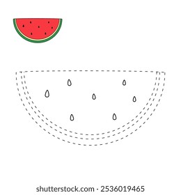 Watermelon coloring pages for kids. Trace and color watermelon. Watermelon fruit flashcard for kids. Watermelon isolated on white background. Kindergarten and preschool worksheets printable for kids. 