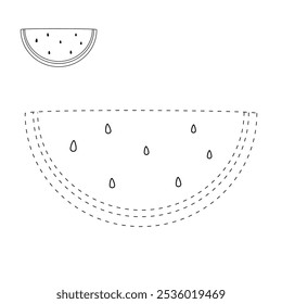 Wassermelone Malvorlagen für Kinder. Spur und Farbe Wassermelone. Wassermelone Frucht Karteikarte für Kinder. Wassermelone einzeln auf weißem Hintergrund. Kindergarten- und Vorschularbeitsblätter für Kinder druckbar. 