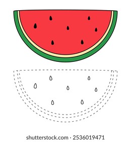 Watermelon coloring pages for kids. Trace and color watermelon. Watermelon fruit flashcard for kids. Watermelon isolated on white background. Kindergarten and preschool worksheets printable for kids. 