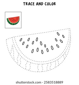 Watermelon coloring pages for kids. Trace and color watermelon. Watermelon fruit flashcard for kids. Watermelon isolated on white background. Kindergarten and preschool worksheets printable for kids. 