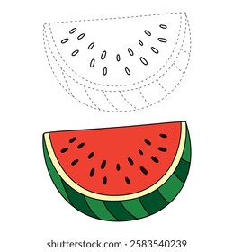 Watermelon coloring pages for kids. Trace and color watermelon. Watermelon fruit flashcard for kids. Watermelon isolated on white background. Kindergarten and preschool worksheets printable for kids. 