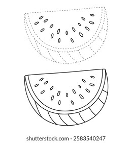 Watermelon coloring pages for kids. Trace and color watermelon. Watermelon fruit flashcard for kids. Watermelon isolated on white background. Kindergarten and preschool worksheets printable for kids. 