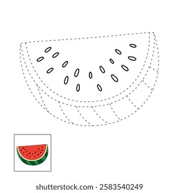 Watermelon coloring pages for kids. Trace and color watermelon. Watermelon fruit flashcard for kids. Watermelon isolated on white background. Kindergarten and preschool worksheets printable for kids. 