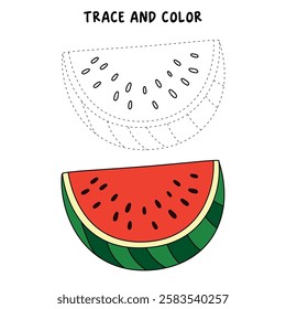 Watermelon coloring pages for kids. Trace and color watermelon. Watermelon fruit flashcard for kids. Watermelon isolated on white background. Kindergarten and preschool worksheets printable for kids. 