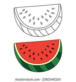 Watermelon coloring pages for kids. Trace and color watermelon. Watermelon fruit flashcard for kids. Watermelon isolated on white background. Kindergarten and preschool worksheets printable for kids. 