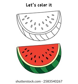 Watermelon coloring pages for kids. Trace and color watermelon. Watermelon fruit flashcard for kids. Watermelon isolated on white background. Kindergarten and preschool worksheets printable for kids. 