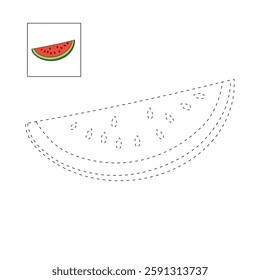 Watermelon coloring pages for kids. Trace and color watermelon. Watermelon fruit flashcard for kids. Watermelon isolated on white background. Kindergarten and preschool worksheets printable for kids. 