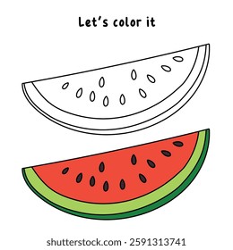 Watermelon coloring pages for kids. Trace and color watermelon. Watermelon fruit flashcard for kids. Watermelon isolated on white background. Kindergarten and preschool worksheets printable for kids. 