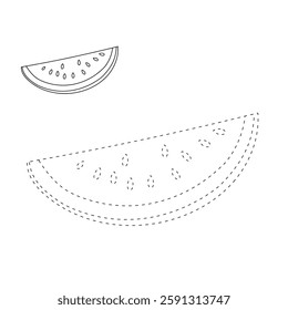 Watermelon coloring pages for kids. Trace and color watermelon. Watermelon fruit flashcard for kids. Watermelon isolated on white background. Kindergarten and preschool worksheets printable for kids. 