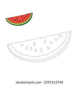 Watermelon coloring pages for kids. Trace and color watermelon. Watermelon fruit flashcard for kids. Watermelon isolated on white background. Kindergarten and preschool worksheets printable for kids. 