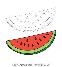 Watermelon coloring pages for kids. Trace and color watermelon. Watermelon fruit flashcard for kids. Watermelon isolated on white background. Kindergarten and preschool worksheets printable for kids. 