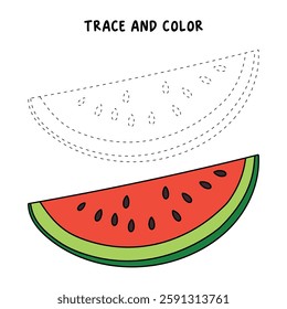 Watermelon coloring pages for kids. Trace and color watermelon. Watermelon fruit flashcard for kids. Watermelon isolated on white background. Kindergarten and preschool worksheets printable for kids. 