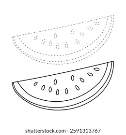 Watermelon coloring pages for kids. Trace and color watermelon. Watermelon fruit flashcard for kids. Watermelon isolated on white background. Kindergarten and preschool worksheets printable for kids. 