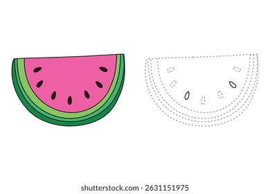 Watermelon coloring pages for kids. Trace and color Watermelon. Watermelon fruit flashcard. Letters W is for Watermelon. Fun fruit worksheets printable for kids activity. Summer activity.