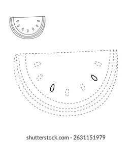 Watermelon coloring pages for kids. Trace and color Watermelon. Watermelon fruit flashcard. Letters W is for Watermelon. Fun fruit worksheets printable for kids activity. Summer activity.