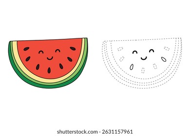 Watermelon coloring pages for kids. Trace and color Watermelon. Watermelon fruit flashcard. Letters W is for Watermelon. Fun fruit worksheets printable for kids activity. Summer activity.