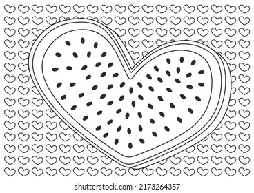 Watermelon Coloring Sheet For Kids And Adults. Heart Shape. Relaxation. Meditate Time. Love.
