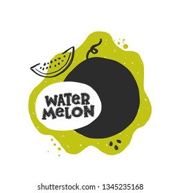 Watermelon concept. Whole, half, sliced, bitten fruits. Ink hand drawn vector illustration. Can be used for cafe, menu, shop, bar, restaurant, poster, sticker, logo, detox diet concept, farmers market