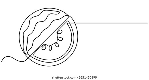  Watermelon continuous one line drawing, fruit vector illustration, watermelon fruit continuous line vector illustration, Fresh watermelon line art outline, Continuous one line drawing. Watermelon.