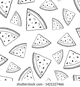 Watermelon contour pieces on white background vector seamless pattern.