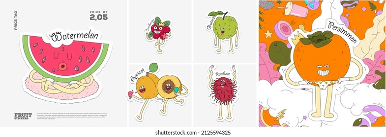 Watermelon, Cranberries, Guava, Apricot, Rambutan, Persimmon. Fruit. Set of vector stickers. Funny characters in doodle style. Hand-drawn cartoon icons with stroke.