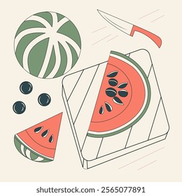 A watermelon is cut in half and surrounded by a variety of fruits and a knife. Concept of freshness and summertime, as well as the idea of enjoying a healthy snack